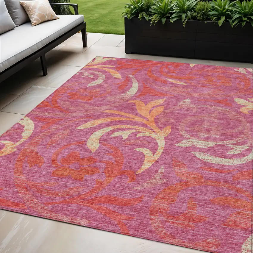 Blush Orange And Ivory Floral Washable Indoor Outdoor Area Rug Photo 1