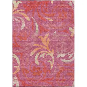 Photo of Blush Orange And Ivory Floral Washable Indoor Outdoor Area Rug