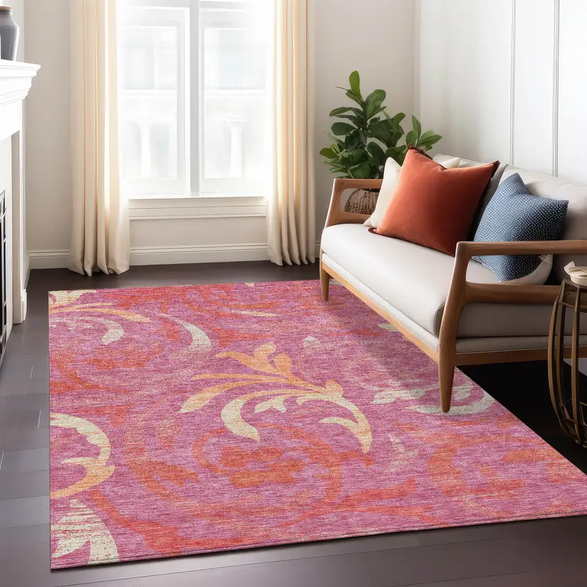 Blush Orange And Ivory Floral Washable Indoor Outdoor Area Rug Photo 9