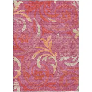 Photo of Blush Orange And Ivory Floral Washable Indoor Outdoor Area Rug