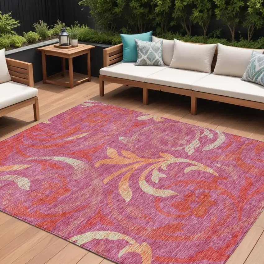 Blush Orange And Ivory Floral Washable Indoor Outdoor Area Rug Photo 1