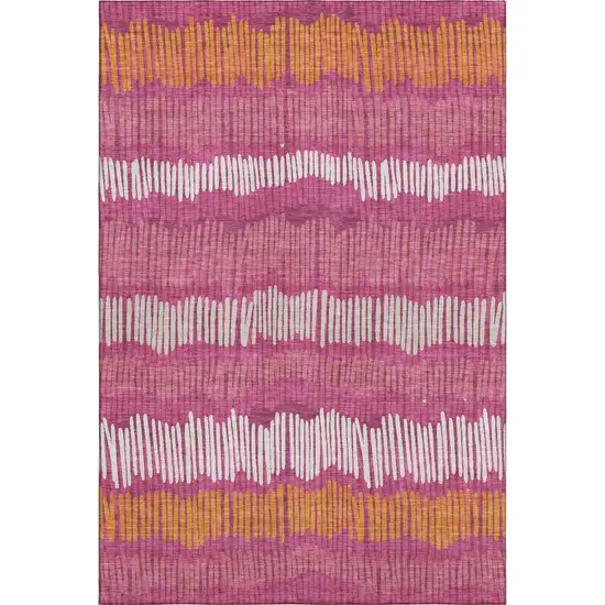 Blush Orange And Ivory Striped Washable Area Rug With UV Protection Photo 1