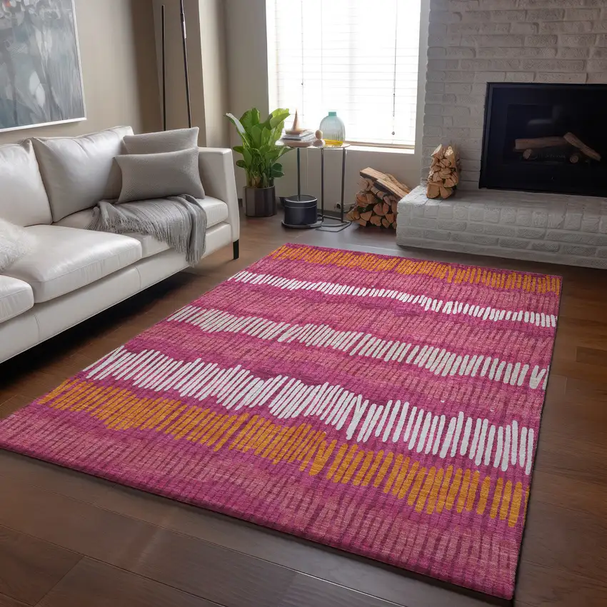 Blush Orange And Ivory Striped Washable Area Rug With UV Protection Photo 5