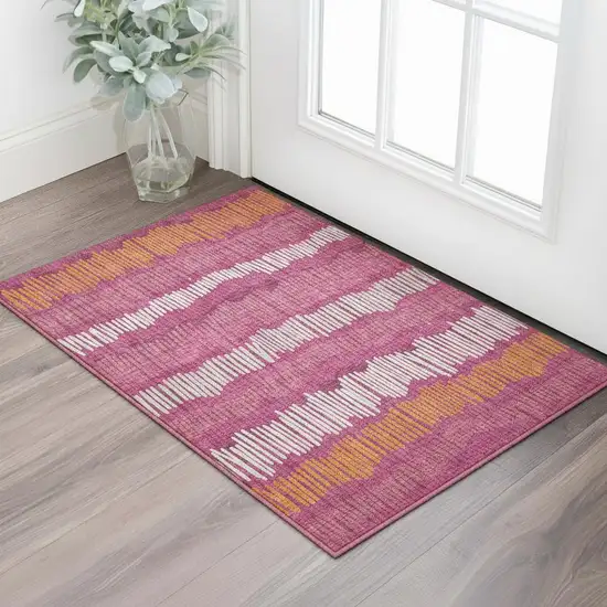 Blush Orange And Ivory Striped Washable Area Rug With UV Protection Photo 2