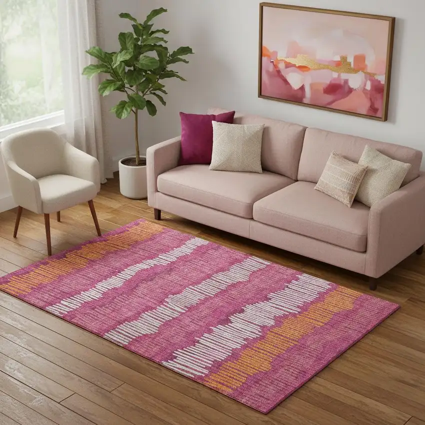 Blush Orange And Ivory Striped Washable Area Rug With UV Protection Photo 1