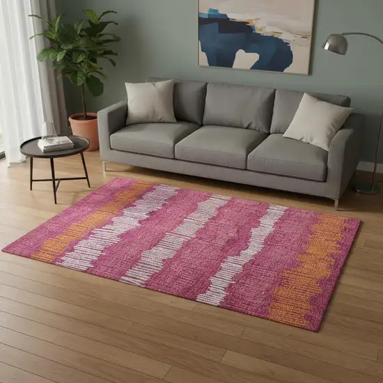 Blush Orange And Ivory Striped Washable Area Rug With UV Protection Photo 2