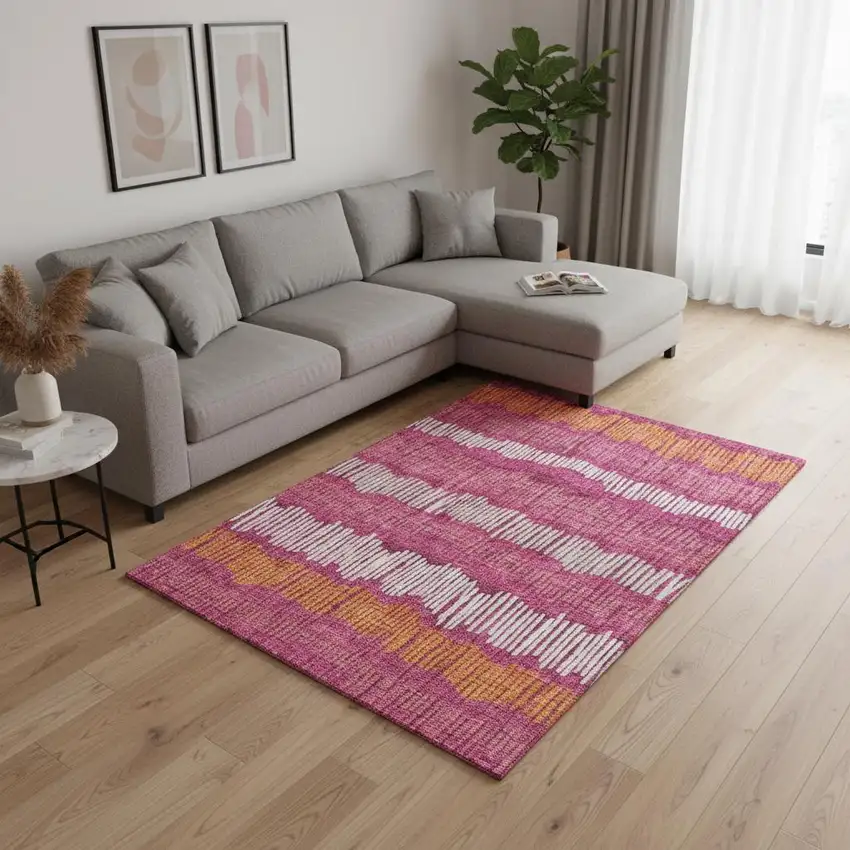 Blush Orange And Ivory Striped Washable Area Rug With UV Protection Photo 2