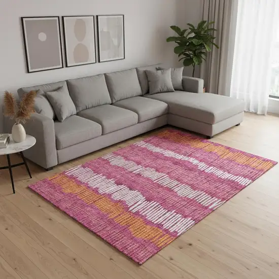 Blush Orange And Ivory Striped Washable Area Rug With UV Protection Photo 2