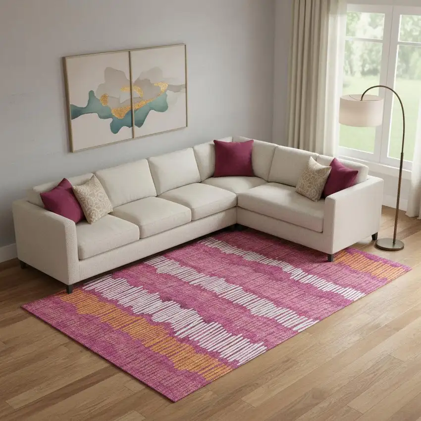 Blush Orange And Ivory Striped Washable Area Rug With UV Protection Photo 1