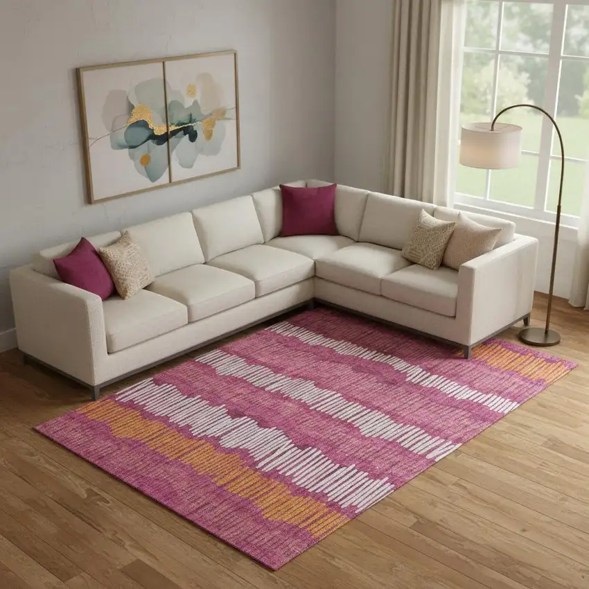 Blush Orange And Ivory Striped Washable Area Rug With UV Protection Photo 1
