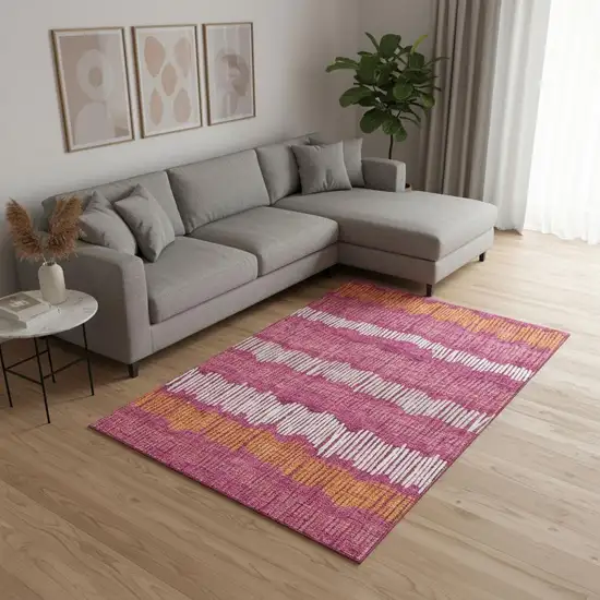 Blush Orange And Ivory Striped Washable Area Rug With UV Protection Photo 2