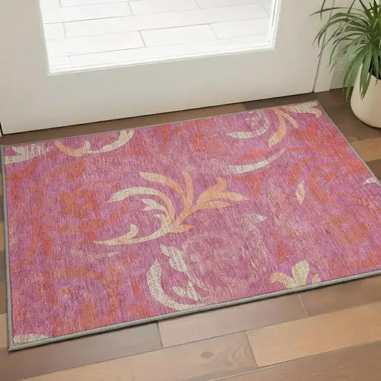 Blush Orange And Red Floral Washable Area Rug With UV Protection Photo 2