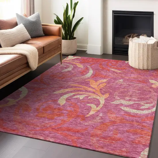 Blush Orange And Red Floral Washable Area Rug With UV Protection Photo 6