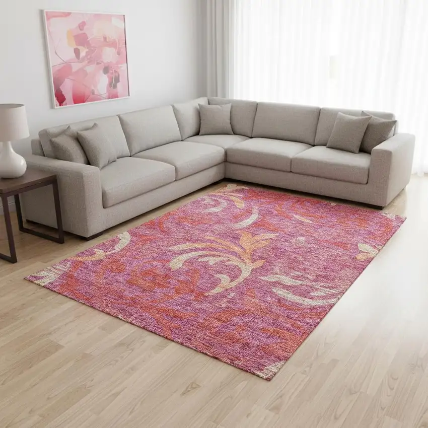 Blush Orange And Red Floral Washable Area Rug With UV Protection Photo 2