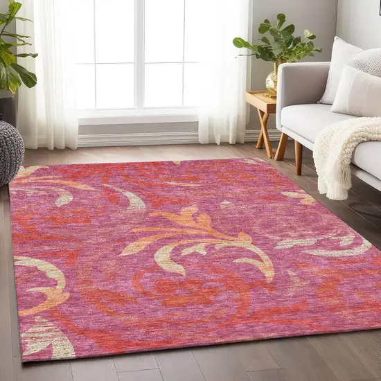 Blush Orange And Red Floral Washable Area Rug With UV Protection Photo 5