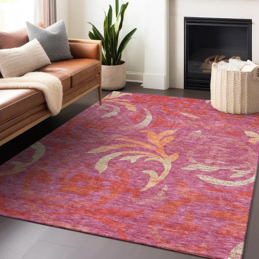 Blush Orange And Red Floral Washable Area Rug With UV Protection Photo 6