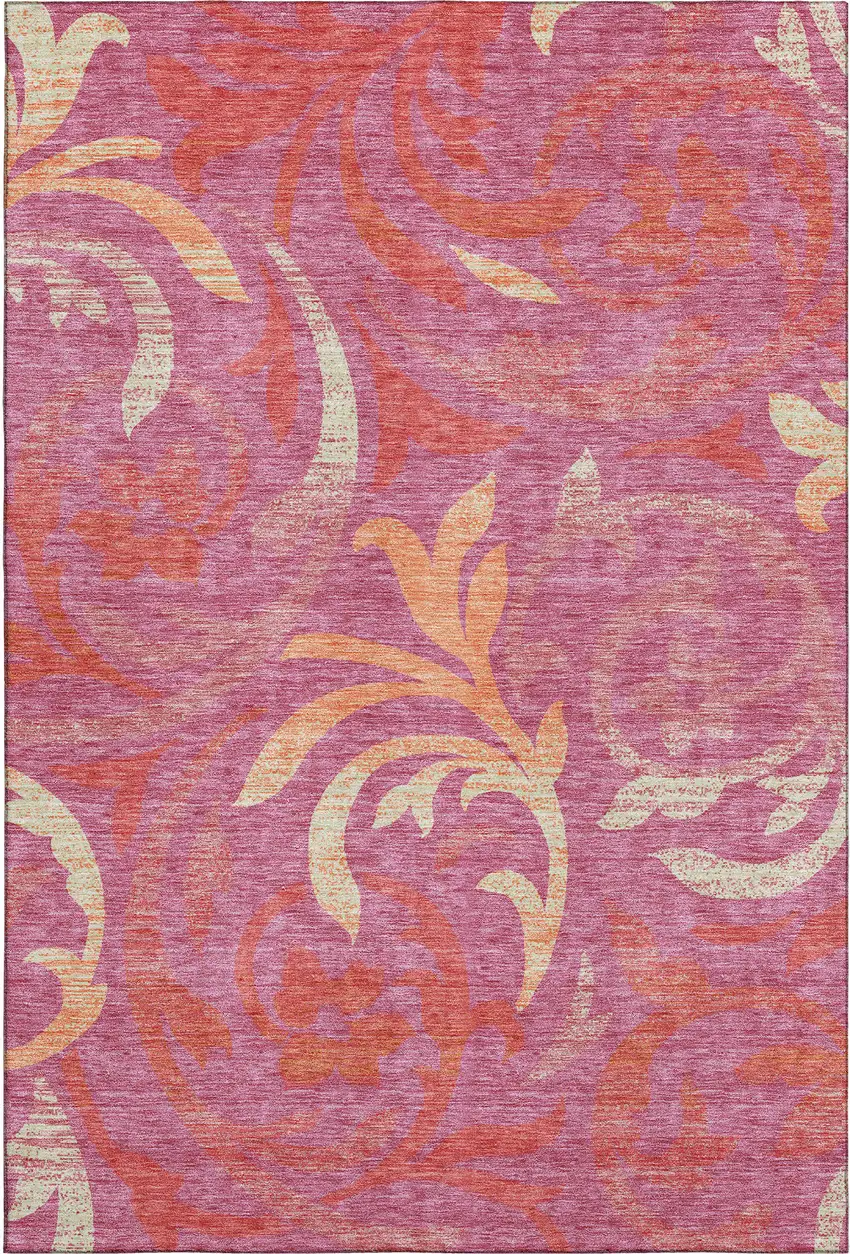 Blush Orange And Red Floral Washable Area Rug With UV Protection Photo 1