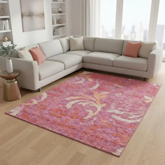 Blush Orange And Red Floral Washable Area Rug With UV Protection Photo 2