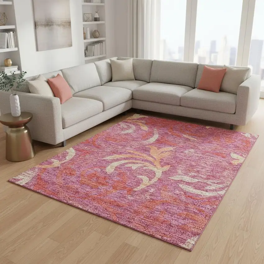 Blush Orange And Red Floral Washable Area Rug With UV Protection Photo 2