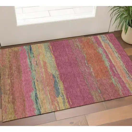 Blush Orange And Teal Abstract Washable Area Rug With UV Protection Photo 1