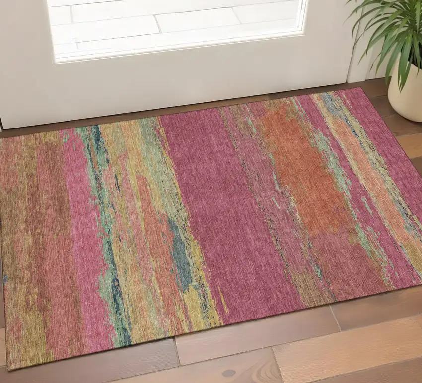 Blush Orange And Teal Abstract Washable Area Rug With UV Protection Photo 1
