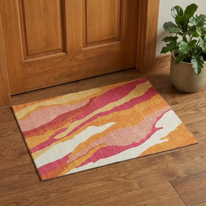 Blush Orange And Wheat Abstract Washable Area Rug With UV Protection Photo 1