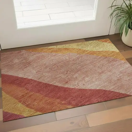 Blush Orange And Wheat Abstract Washable Area Rug With UV Protection Photo 2
