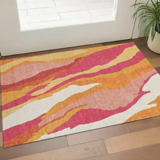 Blush Orange And Wheat Abstract Washable Area Rug With UV Protection Photo 1