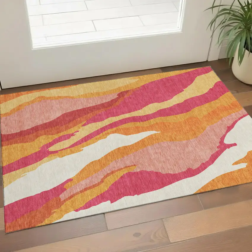 Blush Orange And Wheat Abstract Washable Area Rug With UV Protection Photo 1