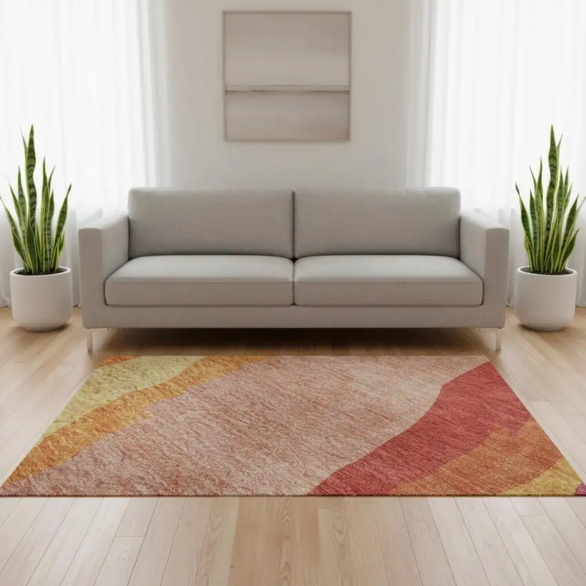 Blush Orange And Wheat Abstract Washable Area Rug With UV Protection Photo 2
