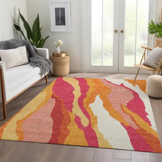 Blush Orange And Wheat Abstract Washable Area Rug With UV Protection Photo 4