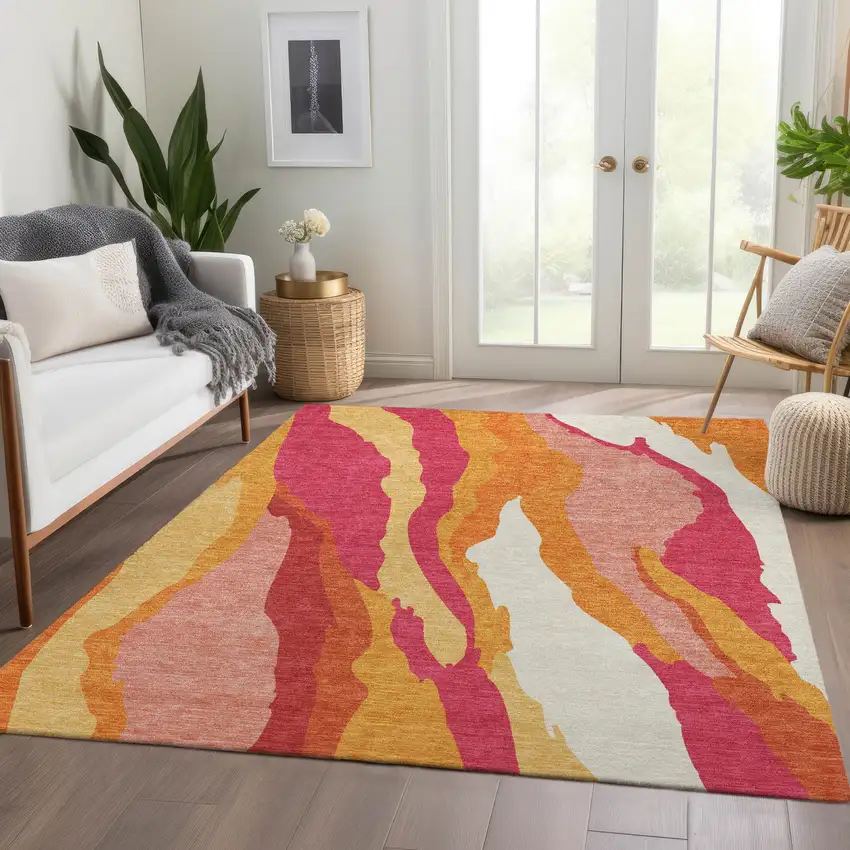 Blush Orange And Wheat Abstract Washable Area Rug With UV Protection Photo 5