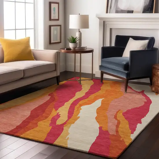 Blush Orange And Wheat Abstract Washable Area Rug With UV Protection Photo 3