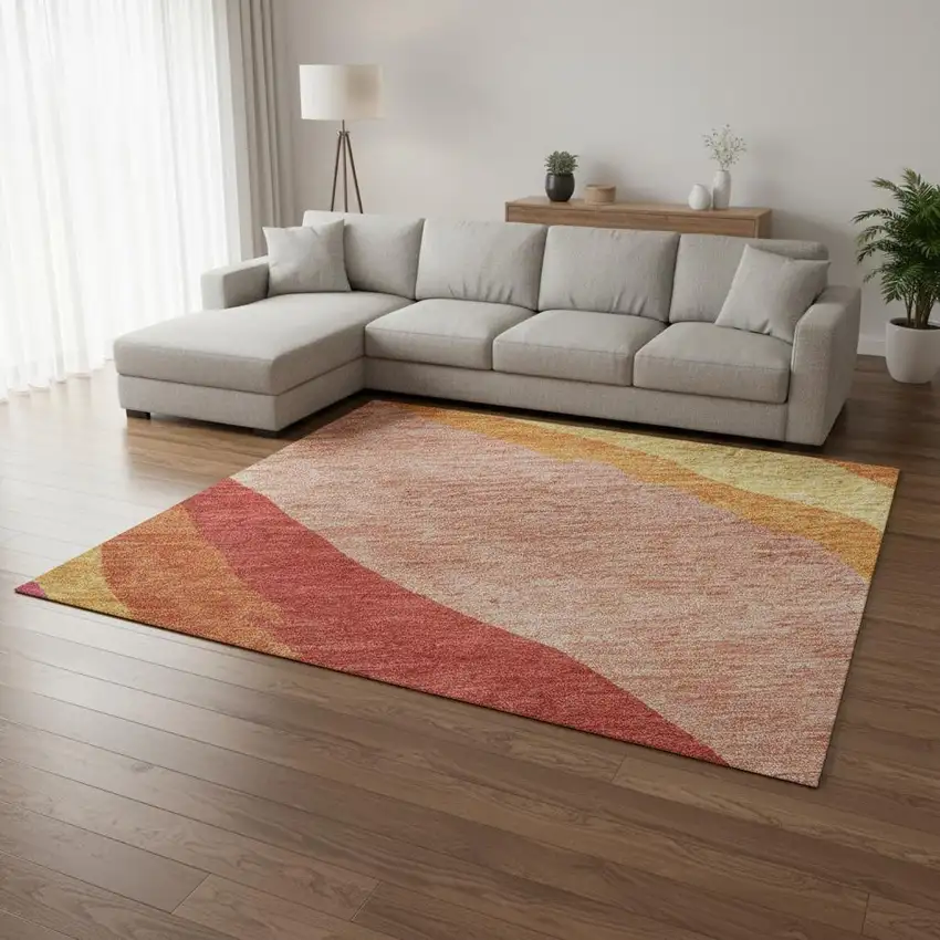 Blush Orange And Wheat Abstract Washable Area Rug With UV Protection Photo 2