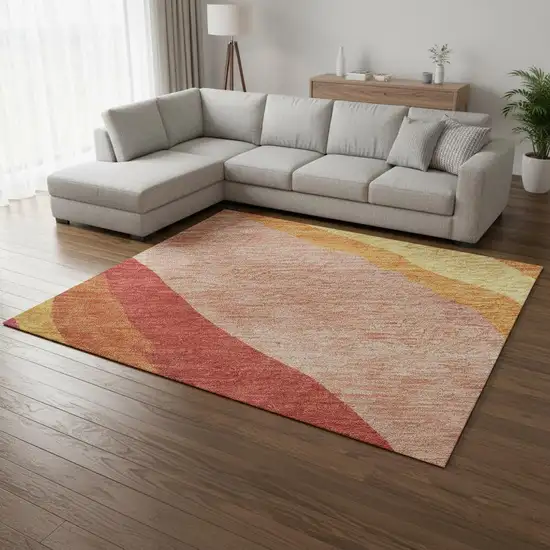 Blush Orange And Wheat Abstract Washable Area Rug With UV Protection Photo 2