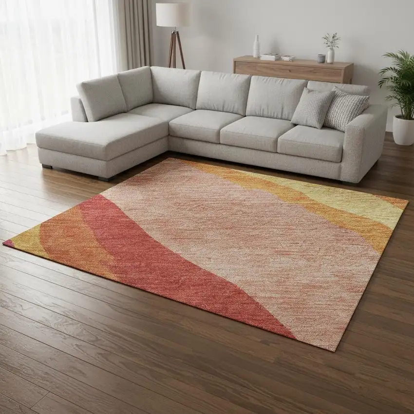 Blush Orange And Wheat Abstract Washable Area Rug With UV Protection Photo 2
