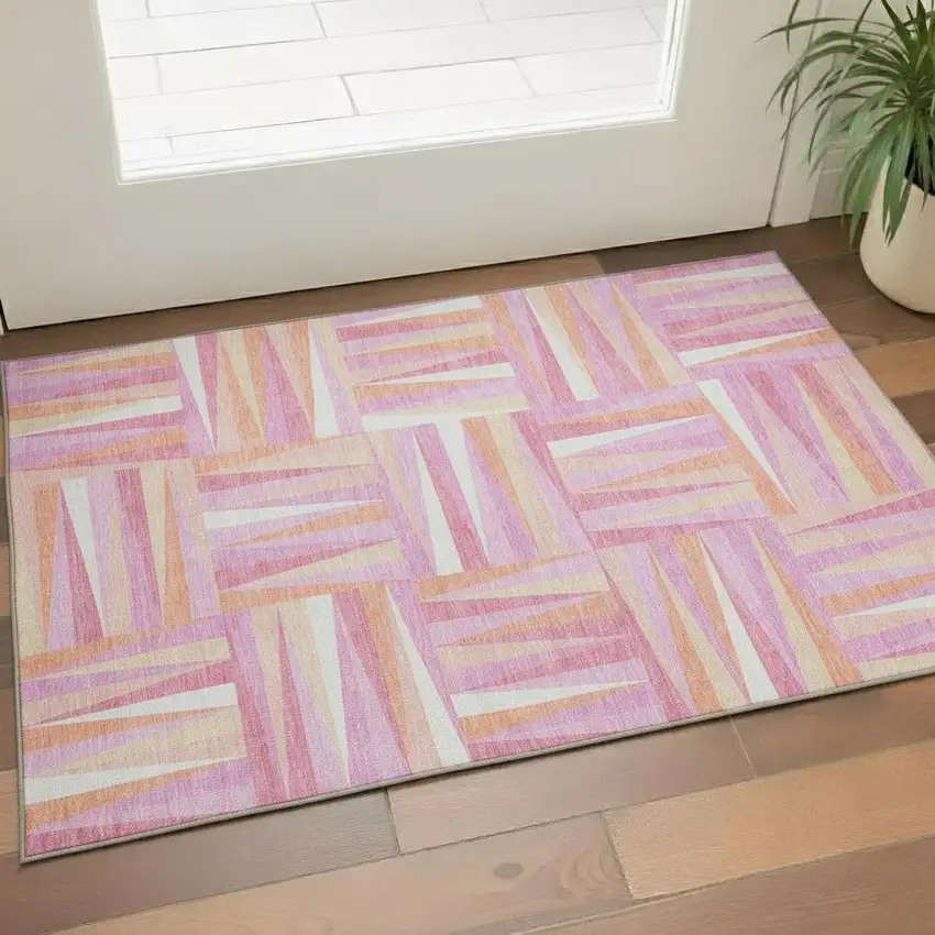 Blush Peach And Ivory Geometric Washable Area Rug With UV Protection Photo 2
