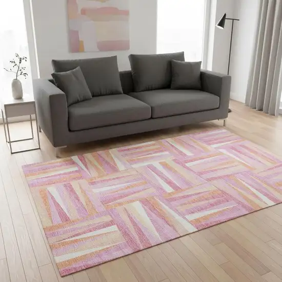 Blush Peach And Ivory Geometric Washable Area Rug With UV Protection Photo 2