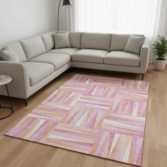 Blush Peach And Ivory Geometric Washable Area Rug With UV Protection Photo 2