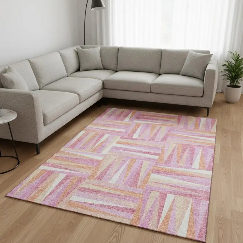 Blush Peach And Ivory Geometric Washable Area Rug With UV Protection Photo 2