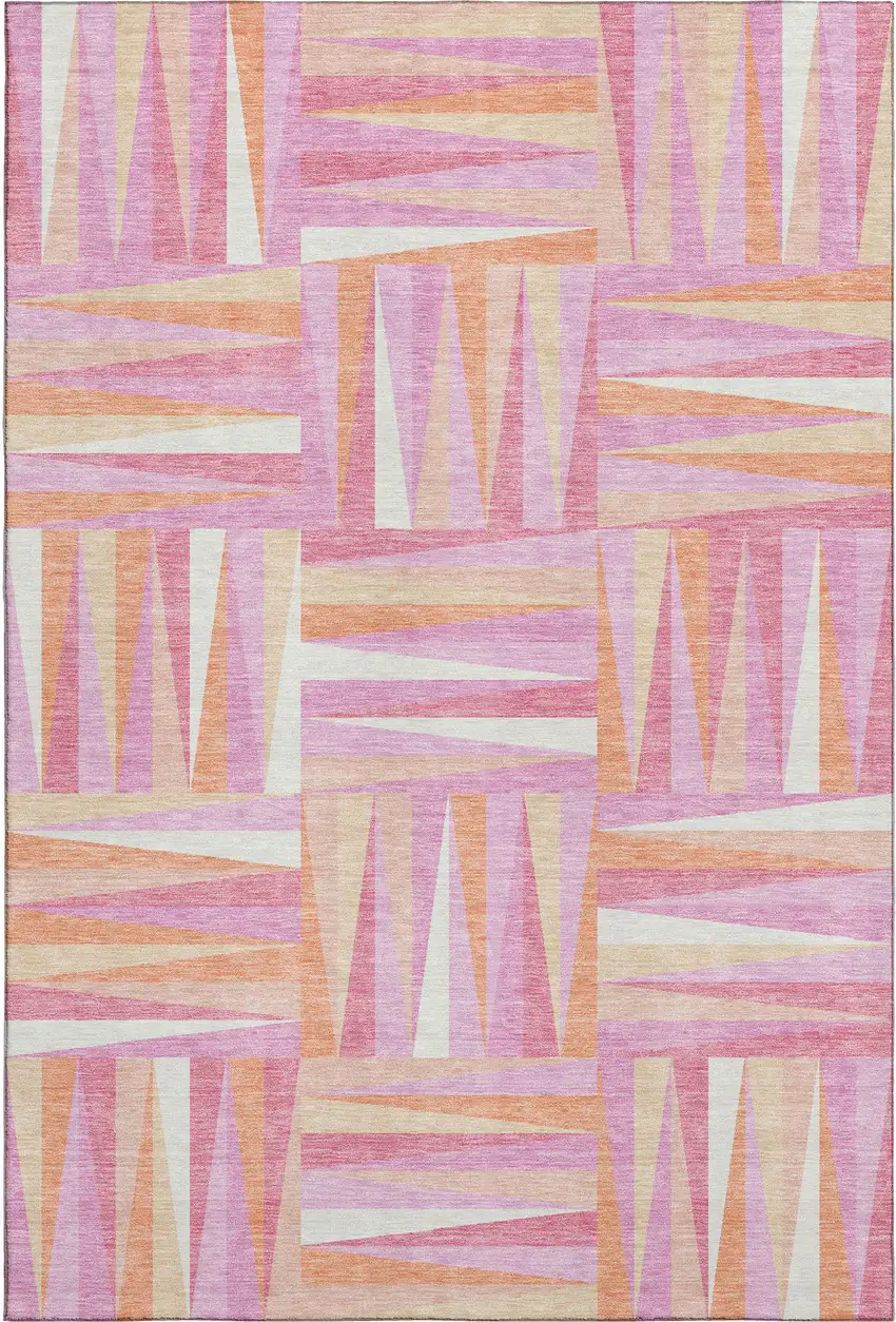 Blush Peach And Ivory Geometric Washable Area Rug With UV Protection Photo 1