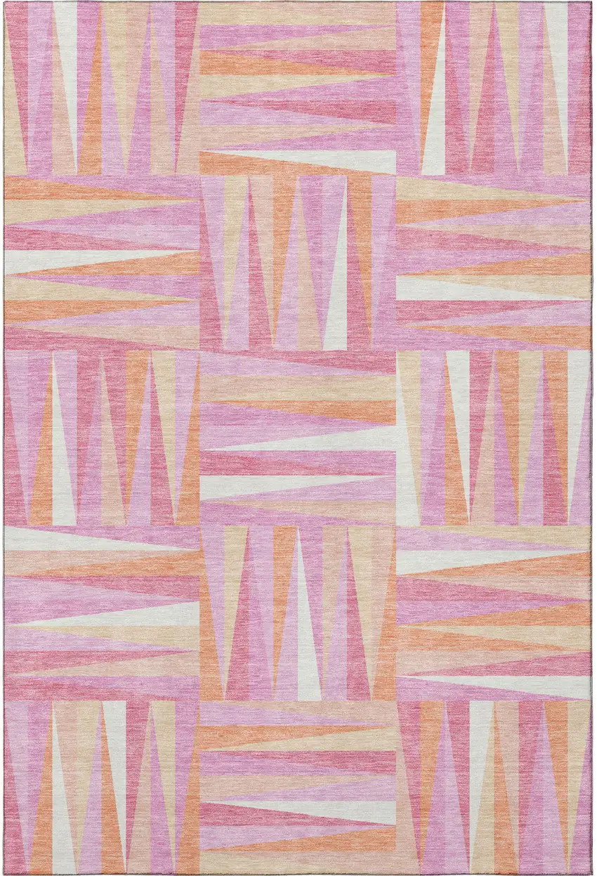 Blush Peach And Ivory Geometric Washable Area Rug With UV Protection Photo 3