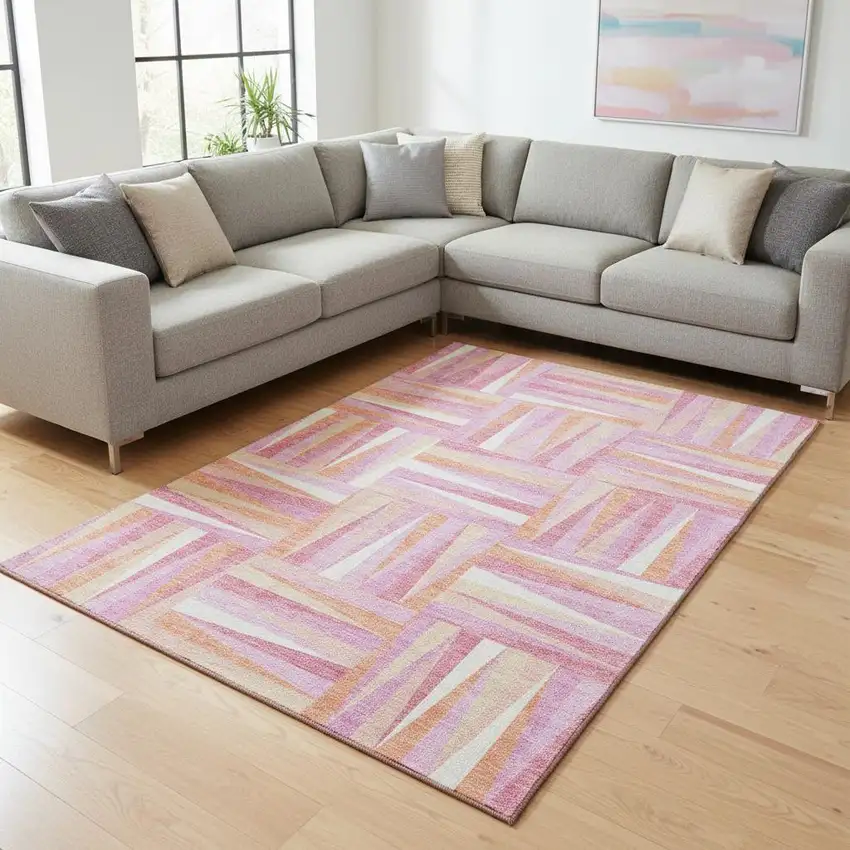Blush Peach And Ivory Geometric Washable Area Rug With UV Protection Photo 2