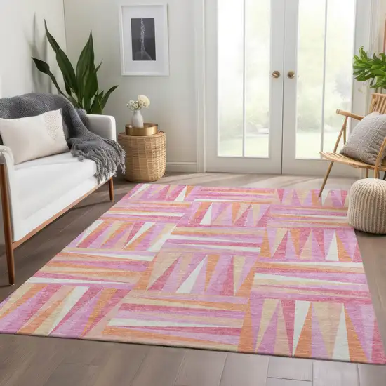 Blush Peach And Ivory Geometric Washable Area Rug With UV Protection Photo 4