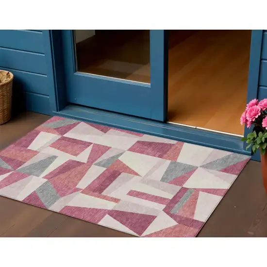 Blush Pewter And Ivory Geometric Washable Indoor Outdoor Area Rug Photo 1