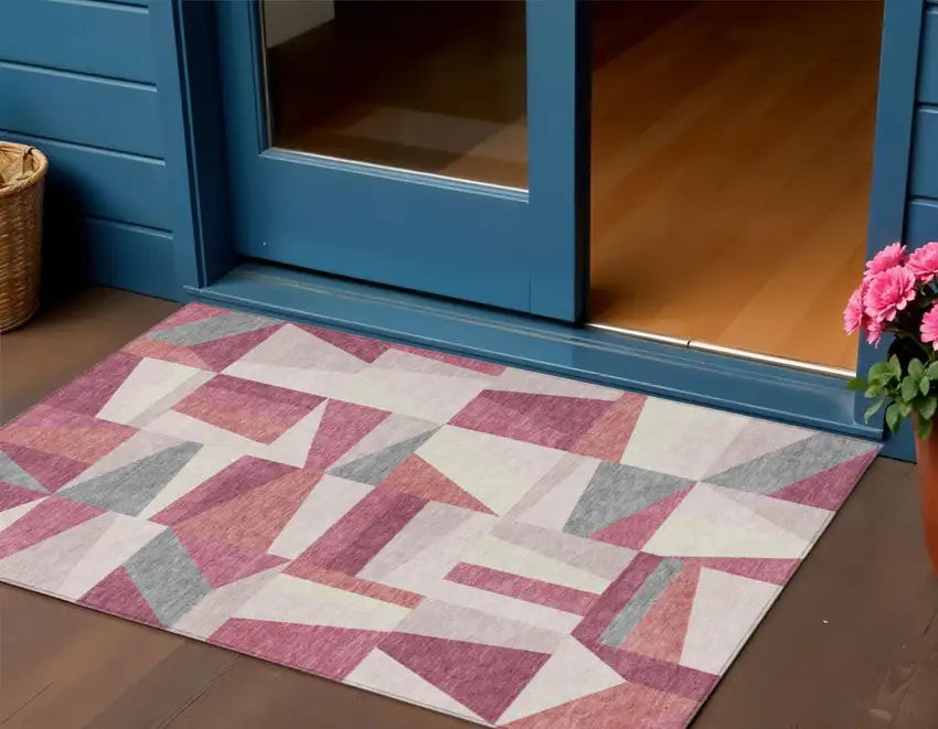 Blush Pewter And Ivory Geometric Washable Indoor Outdoor Area Rug Photo 1