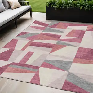 Photo of Blush Pewter And Ivory Geometric Washable Indoor Outdoor Area Rug