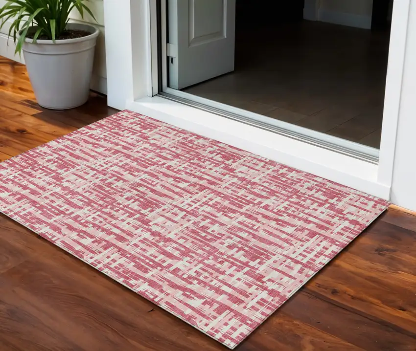 Blush Pink And Beige Abstract Washable Indoor Outdoor Area Rug Photo 1