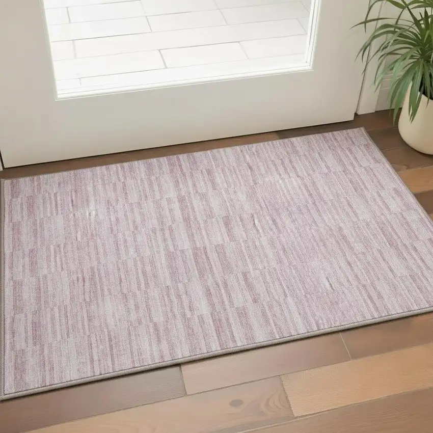 Blush Pink And Beige Striped Washable Area Rug With UV Protection Photo 2