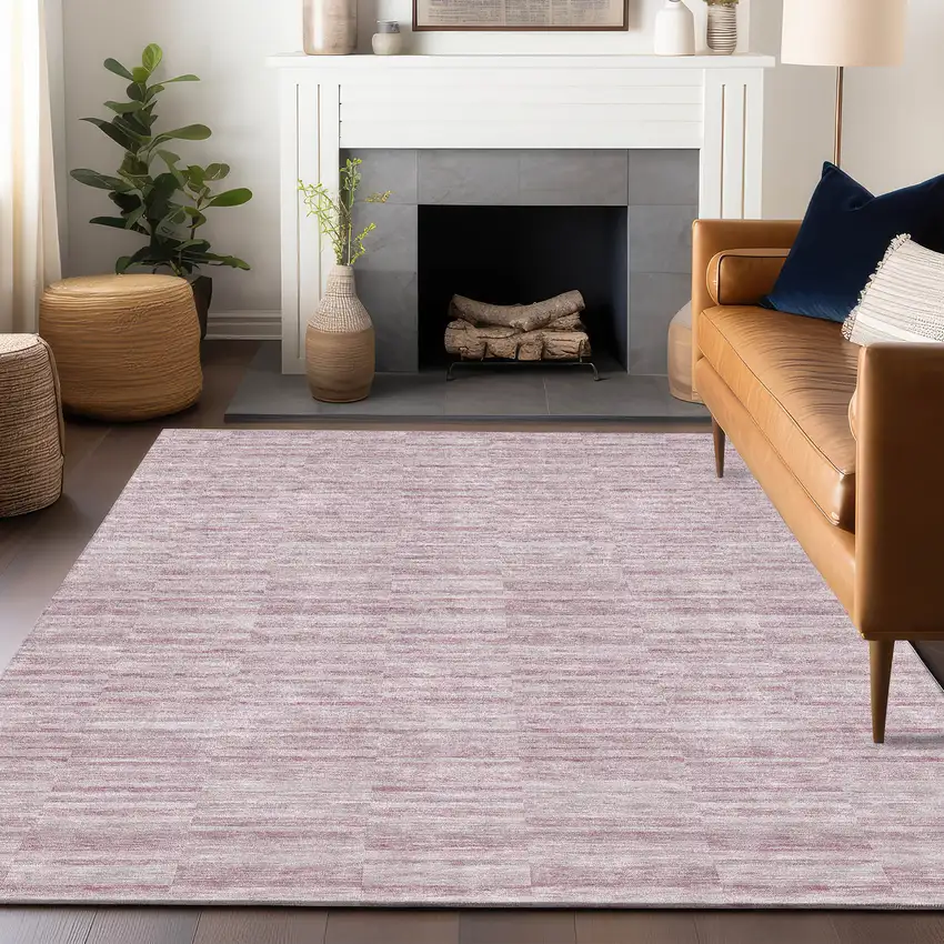 Blush Pink And Beige Striped Washable Area Rug With UV Protection Photo 6
